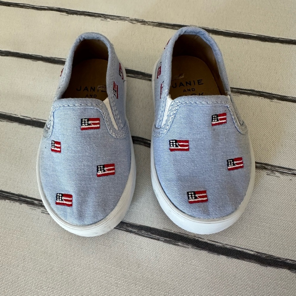 Janie and Jack Light Blue Flag Slip-On Sneakers Sz 4